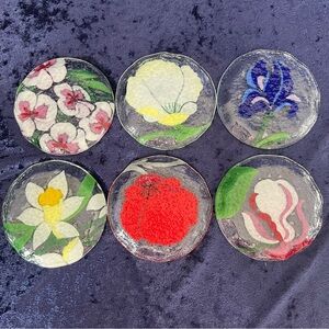 6-Small Anne C Ross Fused Art‎ Ruffled Edge Flower Dishes Signed Vintage 4”